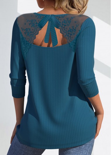 ROTITA Lace Peacock Blue V Neck Long Sleeve T Shirt
