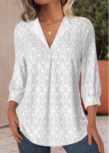 ROTITA Split White V Neck 3/4 Sleeve Blouse