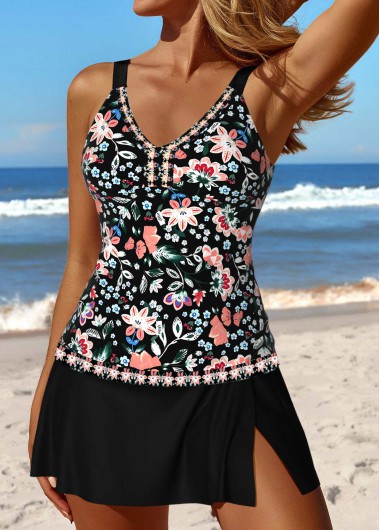 ROTITA Patchwork Black Random Floral Print Tankini Set