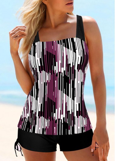 ROTITA Dark Reddish Purple Geometric Print Tankini Set