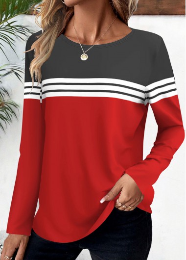 ROTITA Striped Red Round Neck Long Sleeve T Shirt
