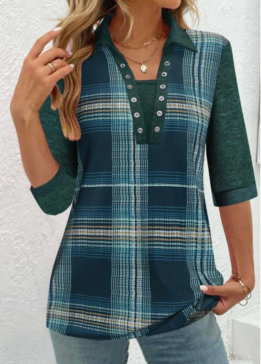 ROTITA Patchwork Plaid Peacock Blue Shirt Collar Half Sleeve Blouse