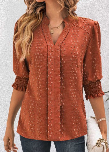 ROTITA Jacquard Brick Red Split Neck Half Sleeve Blouse