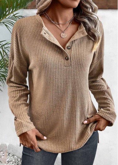 ROTITA Button Light Coffee Round Neck Long Sleeve T Shirt