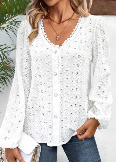 ROTITA Lace White V Neck Long Sleeve Blouse