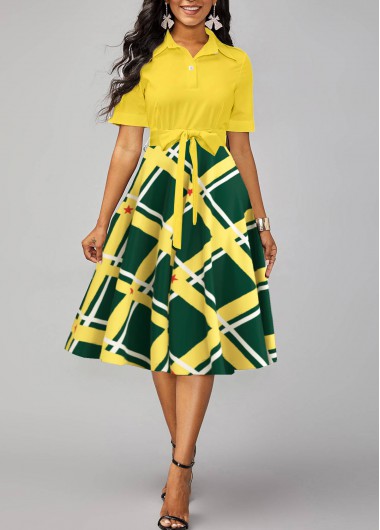 ROTITA Umbrella Hem Geometric Print Yellow Belted Shirt Collar Dress