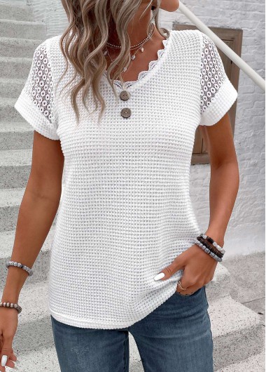 ROTITA Patchwork White V Neck Short Sleeve T Shirt