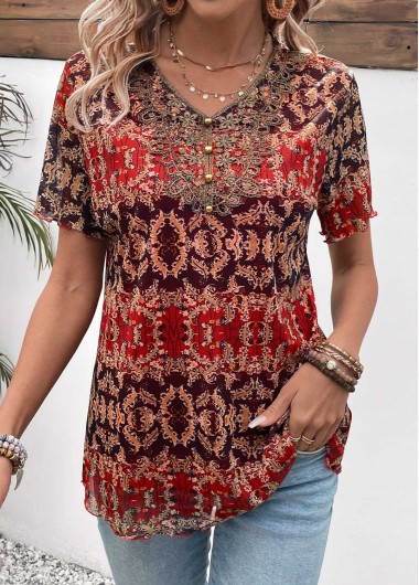 ROTITA Button Tribal Print Multi Color V Neck Blouse