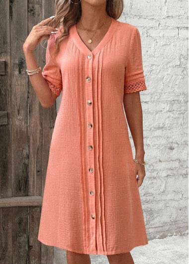 ROTITA Button Dusty Pink A Line V Neck Dress