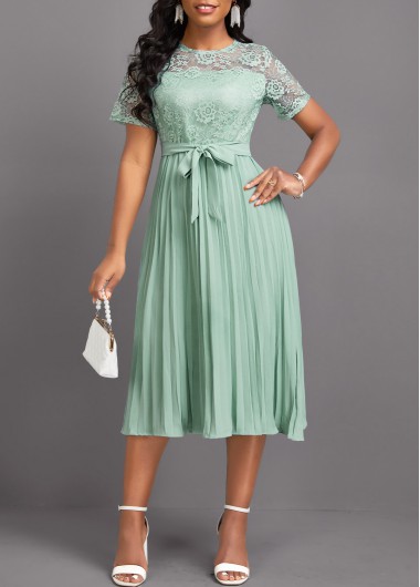ROTITA Lace Light Green Belted Round Neck Short Sleeve Dress