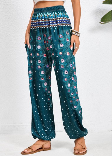 Pocket Feathers Print Turquoise Jogger Elastic Waist Pants