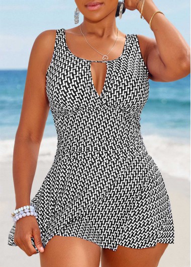 ROTITA Cut Out Black Geometric Print One Piece Swimdress