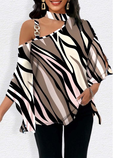 ROTITA Patchwork Multi Stripe Print Asymmetrical Neck T Shirt