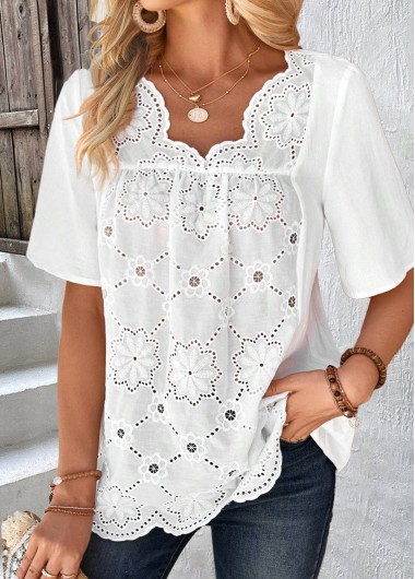 ROTITA Embroidery White V Neck Half Sleeve Blouse