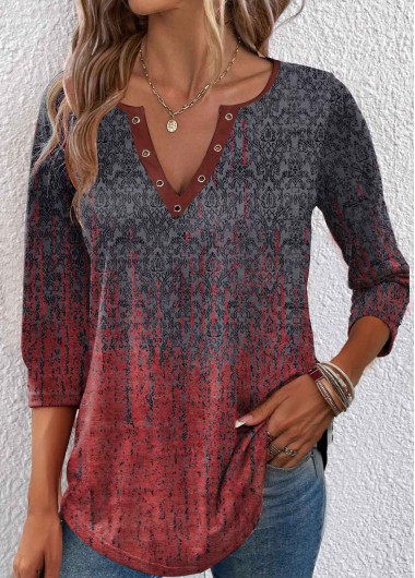 ROTITA Eyelet Ombre Wine Red Split Neck T Shirt