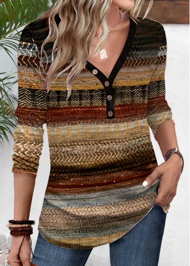 ROTITA Patchwork Multi Stripe Print V Neck T Shirt