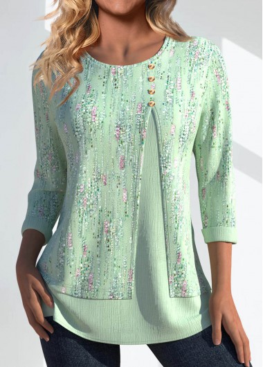 ROTITA Button Geometric Print Light Green Round Neck T Shirt