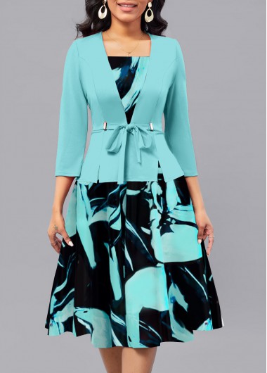 ROTITA Fake 2in1 Floral Print Mint Green Square Neck Dress