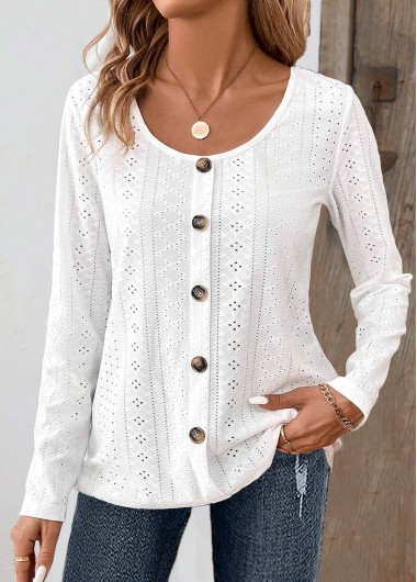ROTITA Button White Round Neck Long Sleeve T Shirt