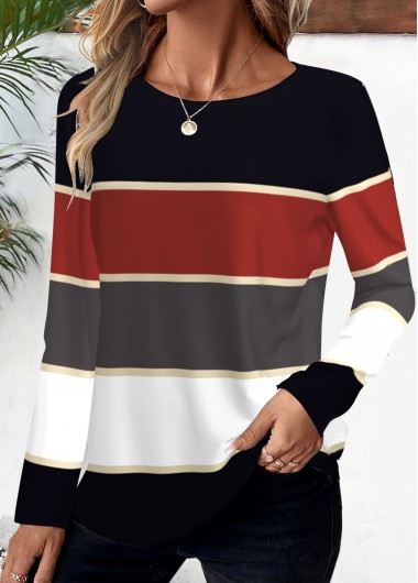 ROTITA Striped Deep Red Round Neck Long Sleeve T Shirt