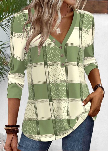 ROTITA Button Plaid Sage Green Round Neck T Shirt