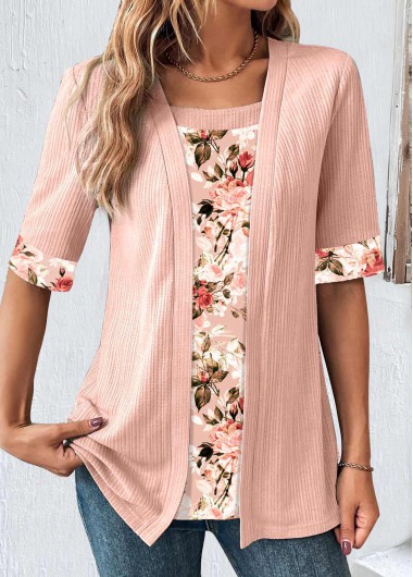 ROTITA Fake 2in1 Random Floral Print Dusty Pink T Shirt