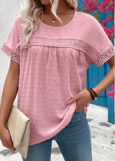 ROTITA Patchwork Light Pink Round Neck Short Sleeve T Shirt