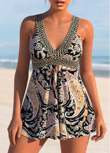 ROTITA Patchwork Black Paisley Print Swimdress Top