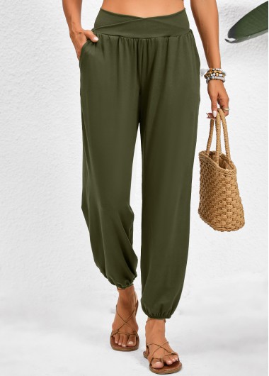 Pocket Jogger Elastic Waist High Waisted Olive Green Pants