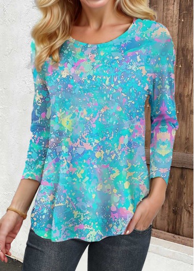 ROTITA Graffiti Print Light Blue Round Neck T Shirt