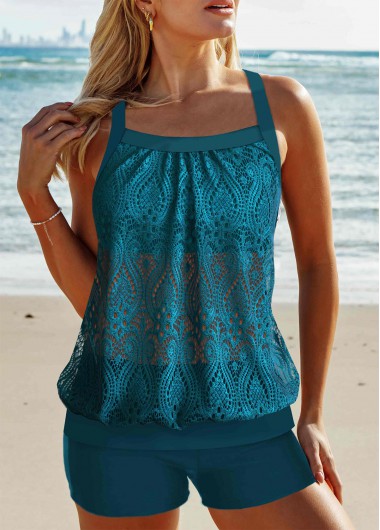 ROTITA Lace Peacock Blue Patchwork Tankini Set