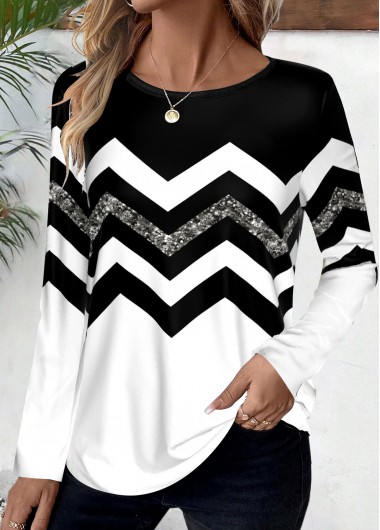 ROTITA Patchwork Striped Black Round Neck Long Sleeve T Shirt