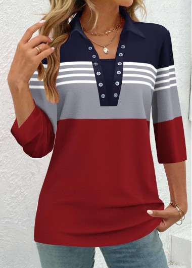 ROTITA Eyelet Striped Navy Shirt Collar 3/4 Sleeve Blouse