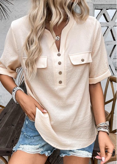 ROTITA Button Light Camel Split Neck Half Sleeve Blouse