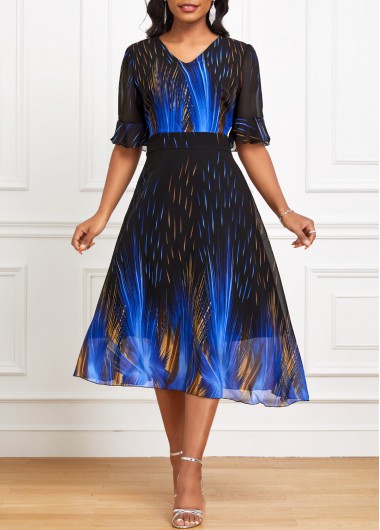 ROTITA Patchwork Ombre Black V Neck Short Sleeve Dress