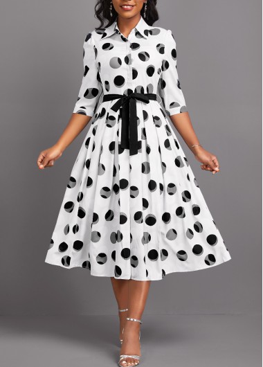 ROTITA Button Geometric Print White Belted Shirt Collar Dress