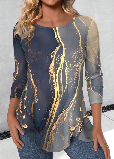 ROTITA Button Marble Print Blue Round Neck T Shirt