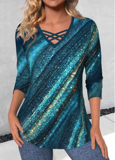 ROTITA Criss Cross Ombre Peacock Blue V Neck T Shirt