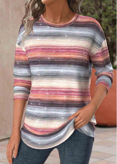 ROTITA Striped Multi Color Round Neck Long Sleeve T Shirt