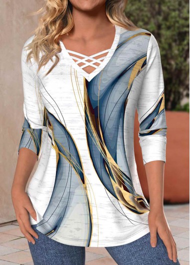 ROTITA Criss Cross Geometric Print White V Neck T Shirt