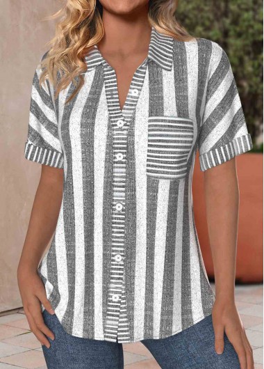 ROTITA Pocket Striped Light Grey Marl Shirt Collar Blouse