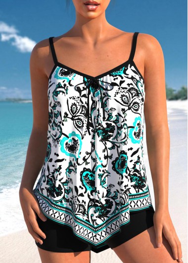 ROTITA Handkerchief Hem White Random Floral Print Tankini Top