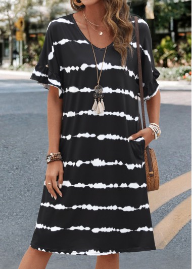 Pocket Striped Black V Neck Short Sleeve Shift Dress