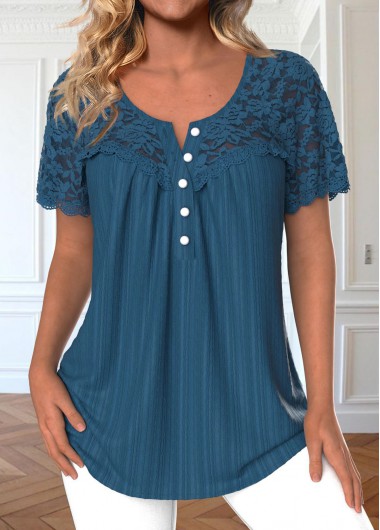 ROTITA Patchwork Peacock Blue Round Neck Short Sleeve Blouse