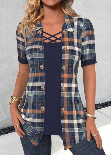 ROTITA Fake 2in1 Plaid Navy Short Sleeve Shirt
