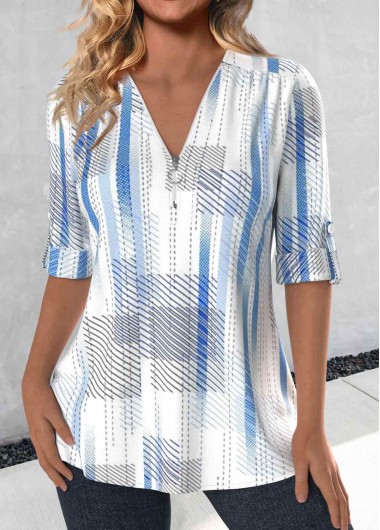 ROTITA Zipper Striped Sky Blue V Neck 3/4 Sleeve Blouse