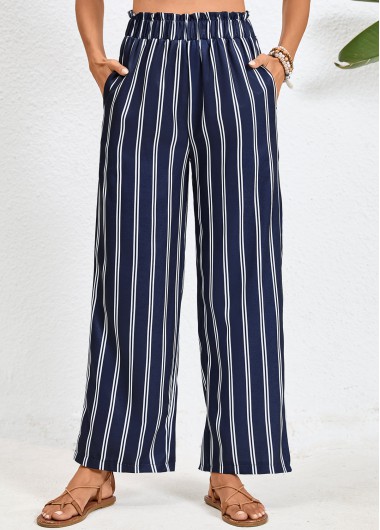 Double Side Pockets Striped Navy Elastic Waist Pants