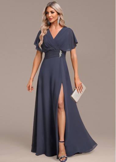 ROTITA Split Dark Grey Maxi V Neck Short Sleeve Dress