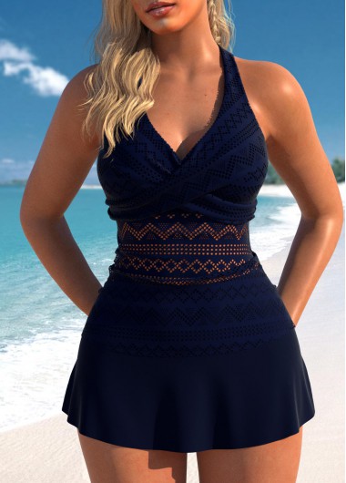 ROTITA V Neck Lace Surplice Navy Tankini Set