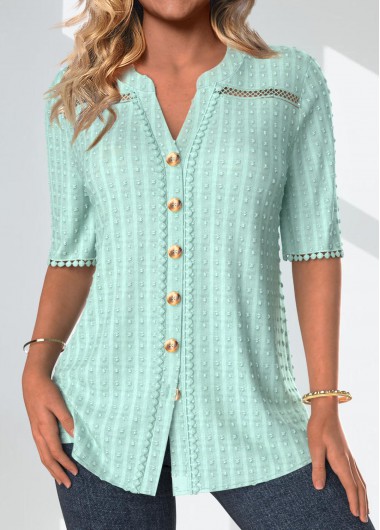ROTITA Patchwork Mint Green Split Neck Half Sleeve Blouse